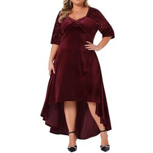 Plus Size Velvet Sweetheart Neck High Low Hem Party Maxi Dress Burgundy